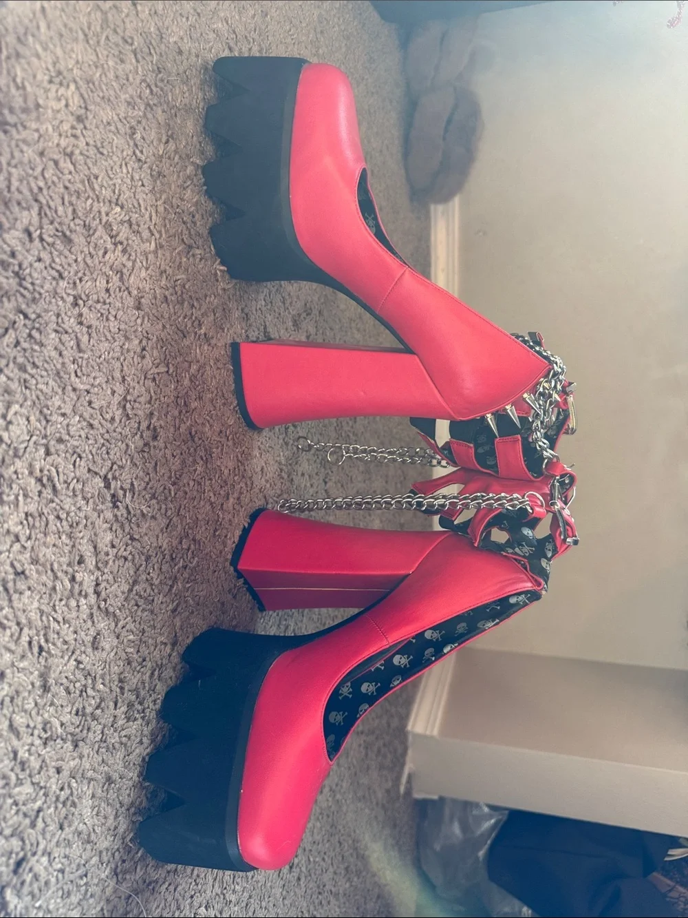 LaModa Red Platform Mary Janes with Black Chunky Sole and Chain Ankle Strap